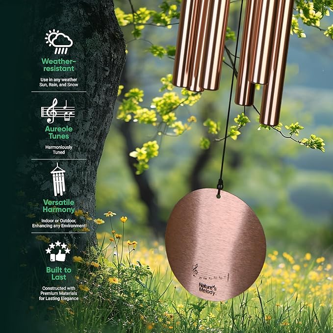 Nature’s Melody Aureole Tunes Wind Chimes – Outdoor Windchime with 6 Tubes Tuned to E Pentatonic Scale, 100% Rustproof Aluminum, Powder Finish & S Hook Hanger for Sympathy, Memorial Gift or Zen Garden