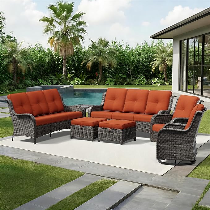 Joyside 7 Piece Wicker Patio Furniture Set, Outdoor Swivel Rocker Patio Chairs with High Back, Deep Seating, Wide Armrest, Thickened Cushions, Outdoor Furniture for Deck, Porch Use