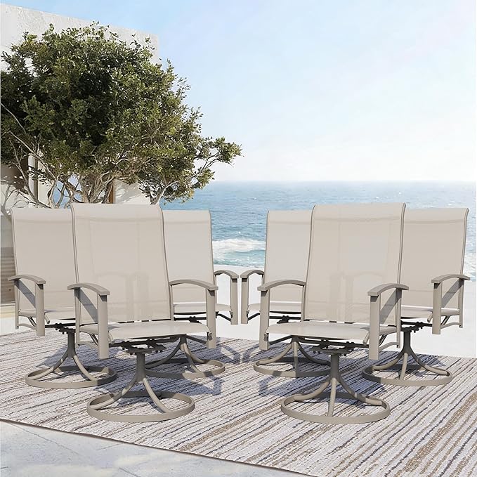 Outdoor Swivel Dining Chair Set of 6, All Weather Patio Dining Chair with Textilene High Back and Metal Frame for Backyard, Lawn Garde and Deck, Beige Ivory