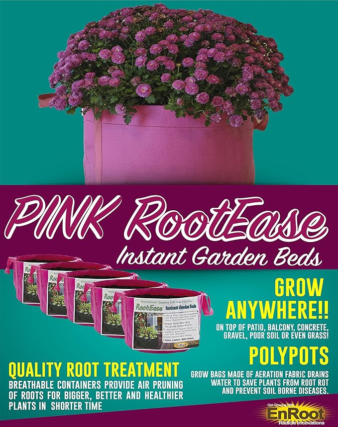 EnRoot Products LLC RootEase 5-Pack Garden Planting Fabric Pot, Heavy Duty Durable Grow Bags/Planter, Raised Bed Gardening, Best Eco-Friendly Grow Bags with Sturdy Handles (3 Gallon, Pink)