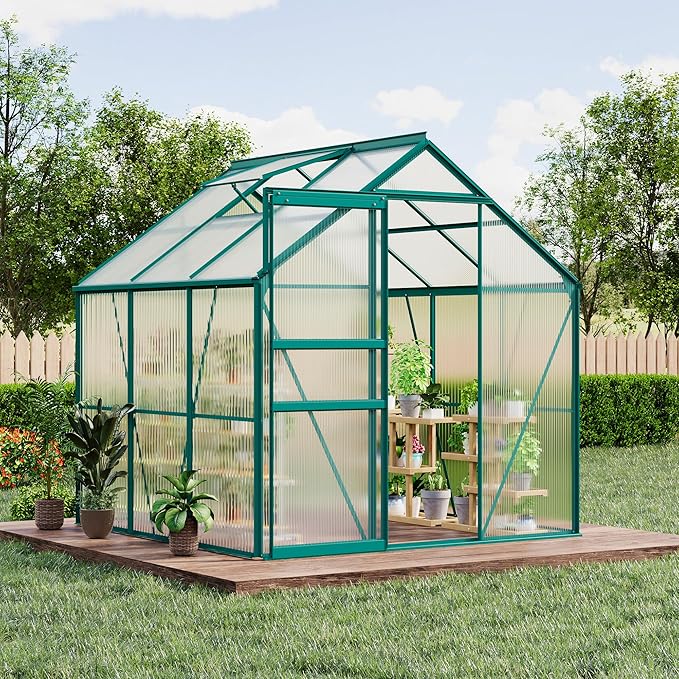 CABIHOME 6 x 6 FT Greenhouses for Outside, Polycarbonate Greenhouse with Aluminum Frame, Sliding Door, Adjustable Roof Vent, Backyard Green Houses, Patio Garden, Green