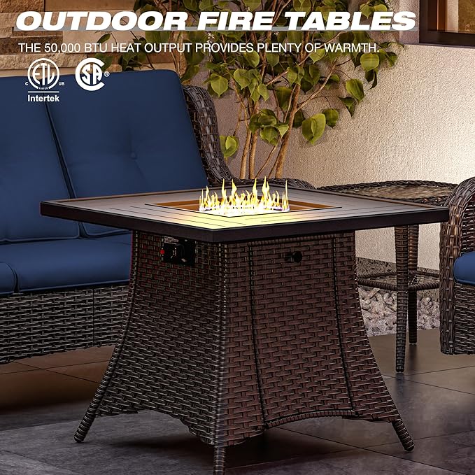 Joyside 3 Piece Wicker Patio Furniture Set with Fire Pit Table, Rattan Patio Chairs with High Back, Deep Seating, Wide Armrest, Thickened Cushions, Outdoor Furniture for Deck, Porch Use