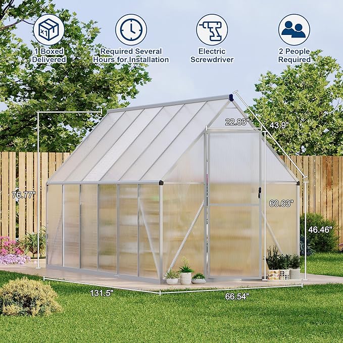 6X11 ft Polycarbonate Greenhouse with Aluminum Frame, Polycarbonate Greenhouse for Outdoors, Greenhouses with Ventilation, Aluminum Large Walk-in Greenhouses for Outside