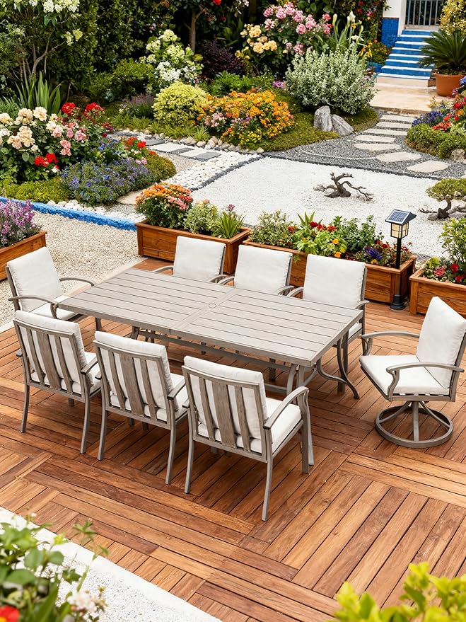 Patio Dining Table for 8, Aluminum Outdoor Dining Table with Umbrella Hole, 84" x 38.6" Rectangular Patio Table for Outside, Outdoor Patio Table for Deck, Garden Poolside, Limed Oak