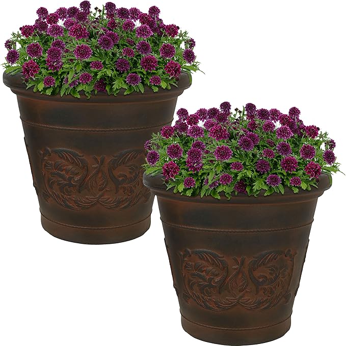 Sunnydaze 16-Inch Arabella Large Plant Pot - Polyresin Insulated Round Outdoor Planter with Drillable Drainage Holes - 2 Pack - Rust