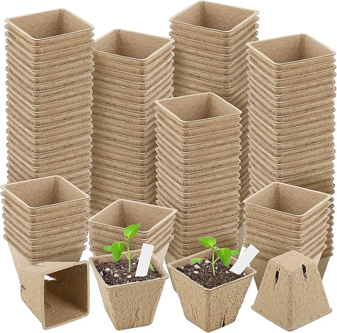 Hahood 180 Pieces Peat Pots Plant Starters 2.3 Inch Square Peat Pots for Herb Seedlings Garden Germination Nursery Pots Organic Germination Plant Starter with Plant Markers Labels for Plants Supplies
