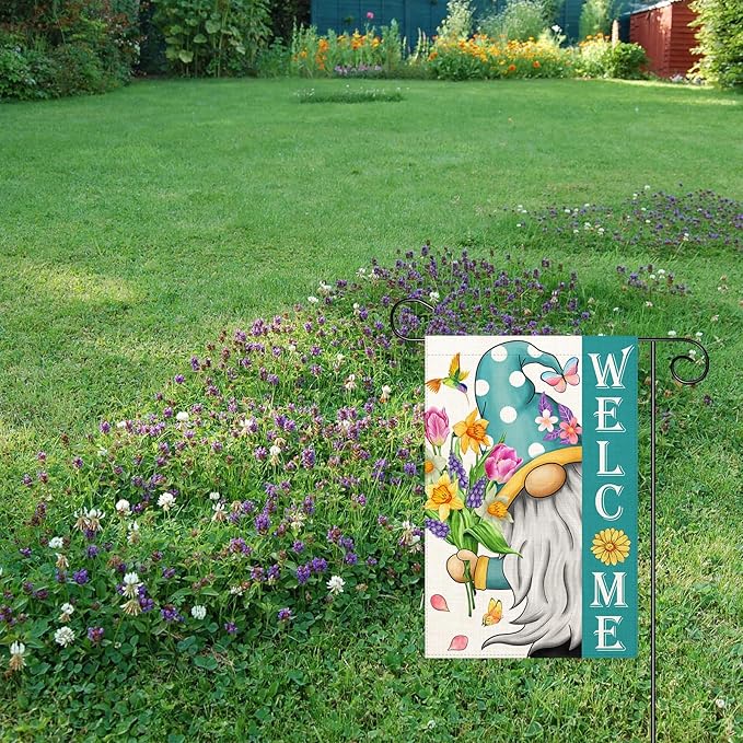 Welcome Spring Gnomes Garden Flag 12x18 Double Sided Vertical Outdoor Flag for Spring Summer Farmhouse Decoration Yard Lawn Garden Banner (Spring Garden Flag)
