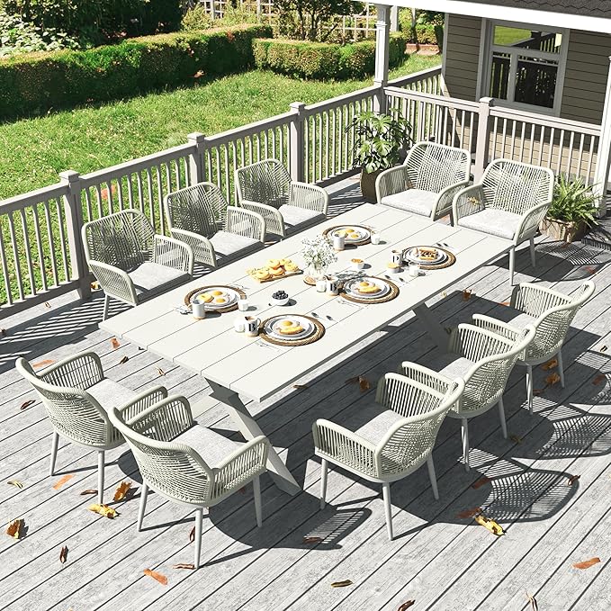 LayinSun Outdoor Dining Set for 10, 11 Pieces Patio Furniture Sets with Aluminum Dining Table and Rope Weave Chairs