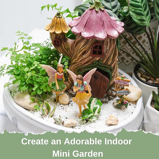 PRETMANNS Fairy House Kit - Fairy Garden Accessories for Outdoor Miniature Village Decor, with Fairies & Sign - Flower Stump House, 7" High & Door can Open Wide - 4 Piece Supplies