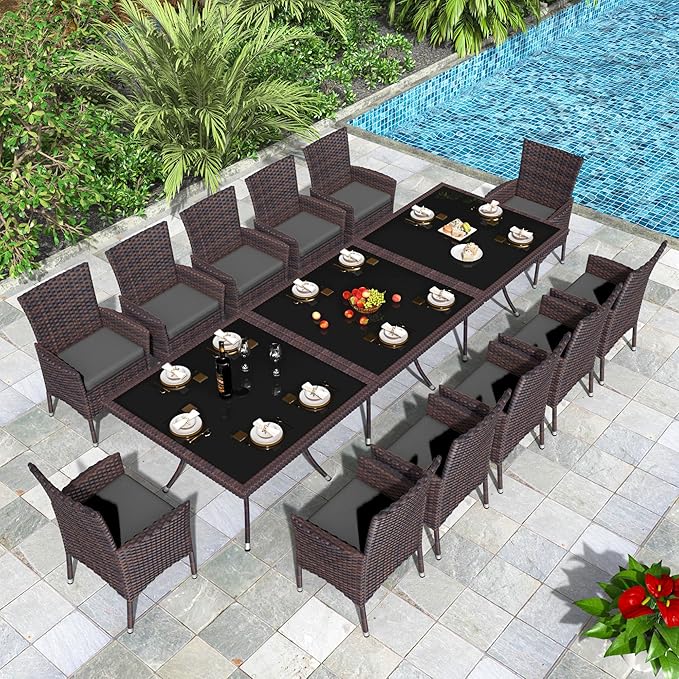 15 Piece Outdoor Dining Set,Rattan Patio Conversation Set of 12 Chairs,Patio Dining Table and Chairs w/Cushions,Square Glass Tabletop,Umbrella Cutout for Patio,Grey