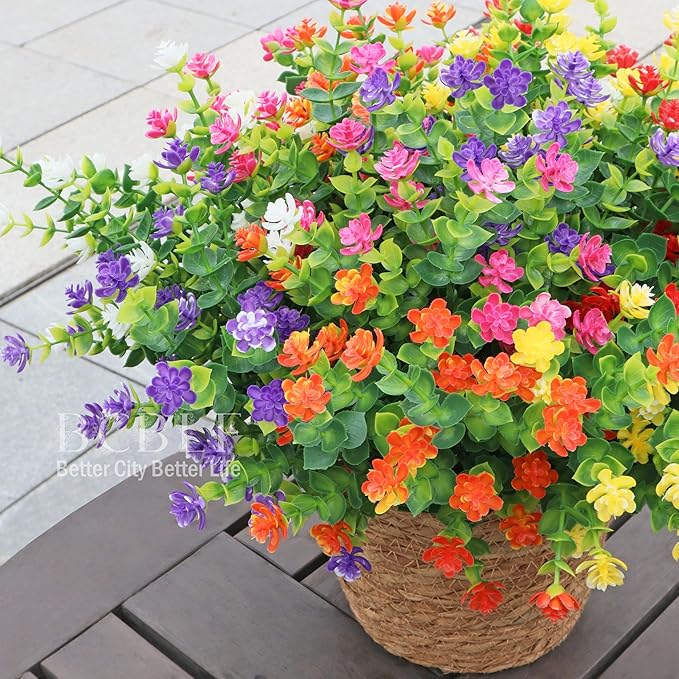 BCBLF Not-Fading 6 Color Mixing Artificial Flowers, 12 Bundles Realistic Faux Plants for Indoor & Outdoor Décor Weatherproof PE Fake Plants for Porch Patio Garden and Home Decoration