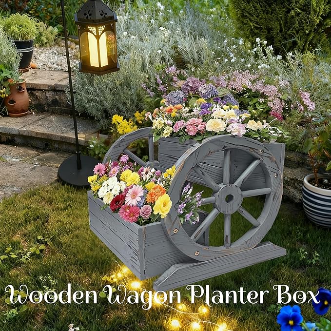 NestNature Wooden Wagon Planter Box,Raised Garden Bed,Decorative Garden Planters with Wheels-Outside Flower Pots for Indoor/Outdoor Décor Plants (Antique Gray)