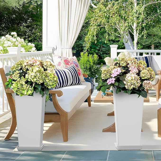 TUYOHW Set of 2 Tall Planters, 24" Large Indoor Outdoor Flower Pots with Tray, Modern Tapered Planters for Porch, Patio, Garden, Backyard(White)