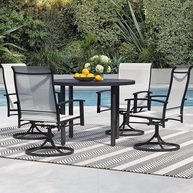 5 Pieces Outdoor Table and Chairs for 4, 42" Black Round Table with 4 Oyster Beige Swivel Chairs, Patio Set with Swivel Chair, Garden Tables for Outdoor, Patio Dining Set for Lawn Backyard Poolside