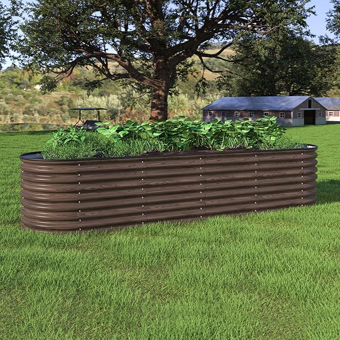 MUPATER Galvanized Raised Garden Bed Outdoor 8x2x2ft, 9-in-1 Metal Raised Planter Box W/ 2 Aluminum Support Rods, Oval Outdoor Raised Garden Bed for Vegetable, Flower, Backyard and Patio, Rustic
