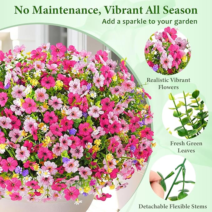 BLEUM CADE Artificial Flowers for Outdoors, 34 Bundles Fake Outdoor Flowers Faux Plants, UV Resistant Artificial Plants & Flowers for Decoration, Outside Fake Plants for Porch Garden Decor