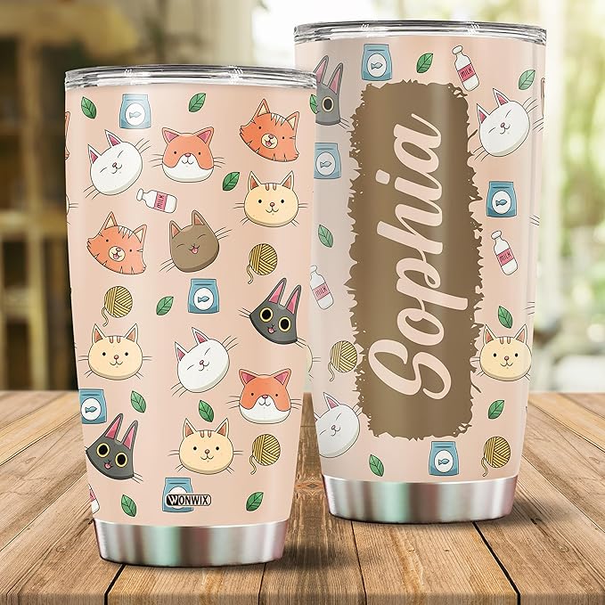 WONWIX Personalized Cat Tumbler Gifts for Girls Kids Daughter 20oz Travel Cup Coffee Mug Stainless Steel Insulated with Lid Custom Name Watter Bottle Gift for Cat Lover