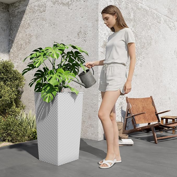 Vigo huseeo 30in Tall Planter, Self Watering Pots for Indoor/Outdoor Plants with Drain Holes, Water Level Monitor, Inner Bucket for Front Porch Patio, White Large(1 Set)