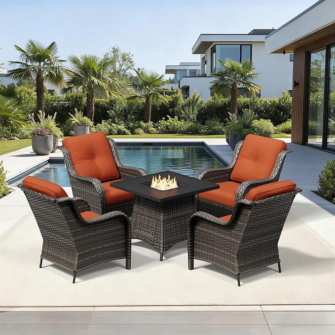 Joyside 5 Piece Wicker Patio Furniture Set with Fire Pit Table, Rattan Patio Chairs with High Back, Deep Seating, Wide Armrest, Thickened Cushions, Outdoor Furniture for Deck, Porch Use