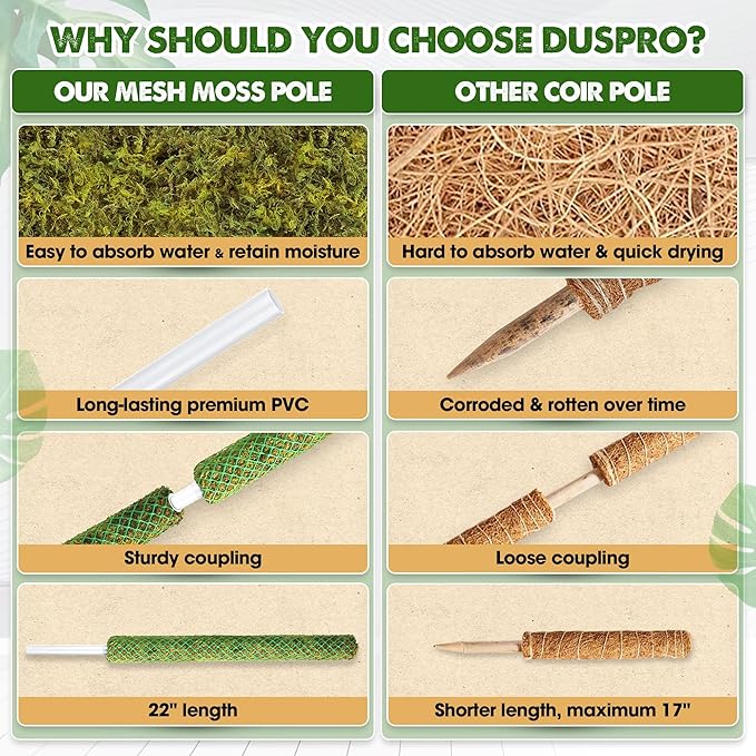 DUSPRO 10Pcs 22'' Green Stackable Mesh Moss Pole for Plants Climbing Vine Supporting Monstera Trellis, for Indoor Plants Extendable Plant Pole Moss Sticks, for Potted Plant Stakes