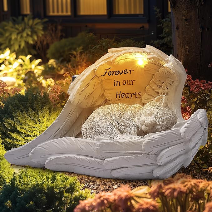 ZhiYo-GD Pet Cat Solar Garden Memorial Statue – Outdoor Resin Angel Kitty with Solar Light, Guardian Angel Kitten Memorial Gift for Patio, Lawn, Yard, or Garden Christmas Decor