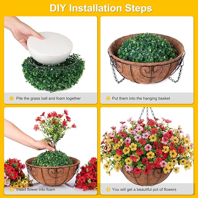 Artificial Flowers Hanging Basket for Outdoor Spring Summer Decor, Fake Silk Colorful Daisy Eucalyptus in 12" Metal Coconut Lining Pot Arrangement for Home Patio Yard Decor(Red Yellow Pink)