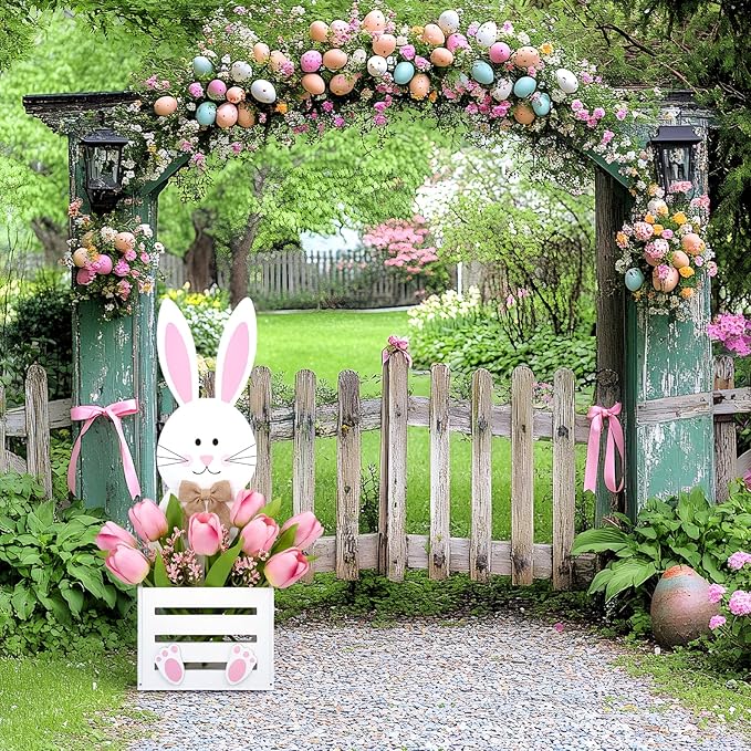 Easter Wooden Bunny Planter Box Flower Pot Rabbit Basket Easter Bunny Porch Decor for Spring Front Door Outdoor Indoor Patio Lawn Garden Backyard 31.5''h