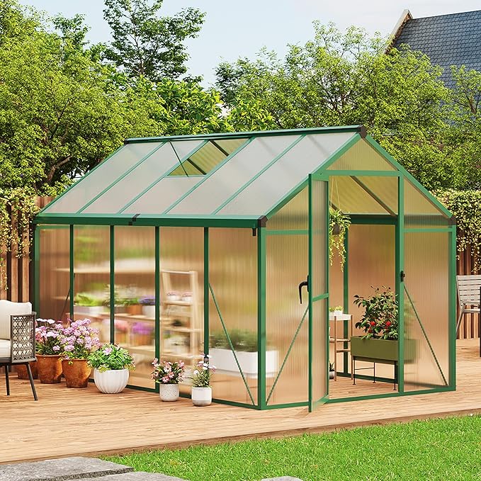 6x10 FT Greenhouse, Greenhouses for Outside, Polycarbonate Greenhouse with Aluminum Frame, Lockable Door and Ajustable Roof Vent for Backyard, Green Houses for Outside Garden Backyard, Patio