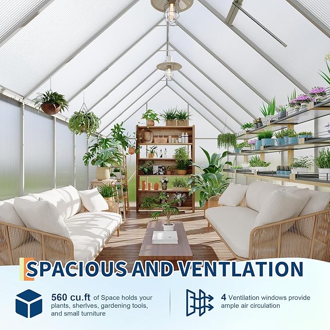 8X14 ft Polycarbonate Greenhouse with Aluminum Frame, Polycarbonate Greenhouse for Outdoors, Greenhouses with Ventilation and Rain Gutter, Aluminum Large Walk-in Greenhouses for Outside