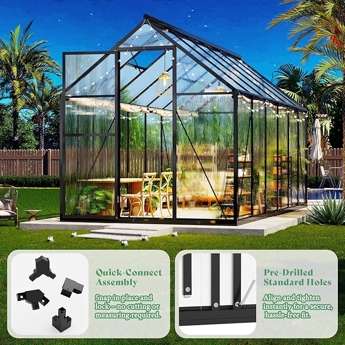 AMERLIFE 6x16 Ft Polycarbonate Greenhouse for Outdoors, Walk-in Design with Aluminum Frame, 2 Windows and Swing Door, Heavy-Duty Greenhouse Construction for Garden, Black
