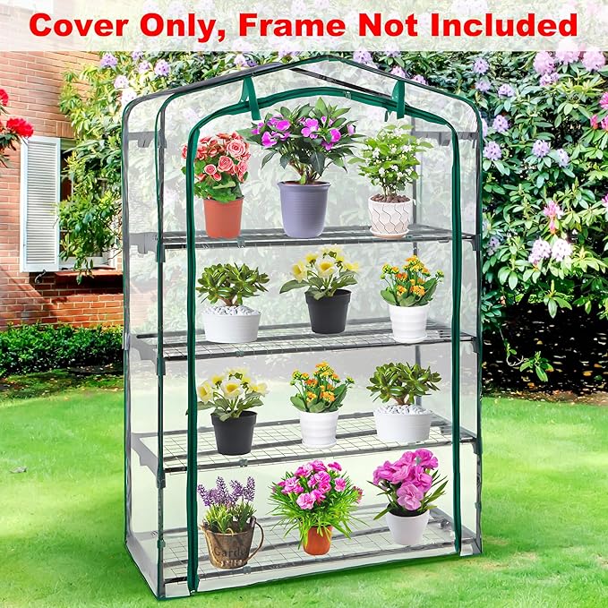 DECOHS Extra Wide 4 Tier Greenhouse Replacement Cover- 63 x 40 x 19 Inch Clear PVC Plant Gardening Greenhouse Cover with Roll-Up Zipper Door for Gardening Plants Flowers (Frame Not Include)
