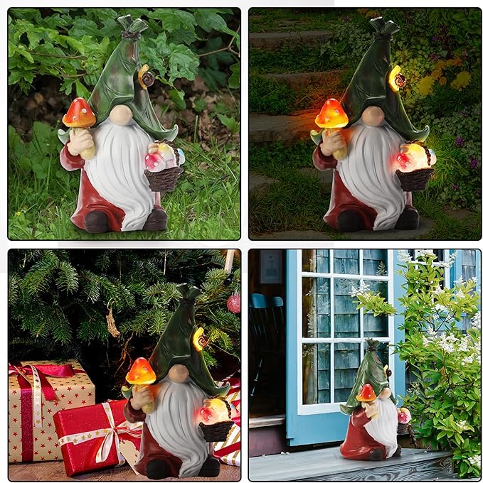 ZhiYo-GD Gnome Solar Garden Statue with 3 LED Lights, Mushroom-Picking Gnome Statue Outdoor Decor for Patio, Yard, Balcony, Lawn Ornament, Unique Gift for Mom, Grandma Christmas