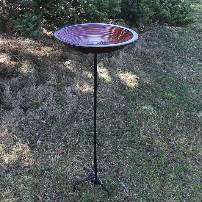 BYER OF MAINE Circles Post Bird Bath, Outdoor Garden and Patio Decor, Porcelain, Glaze Finish, Steel Mounting Post, Outside Bird Pond Fountain, 14"x14"x30", Rustic Red