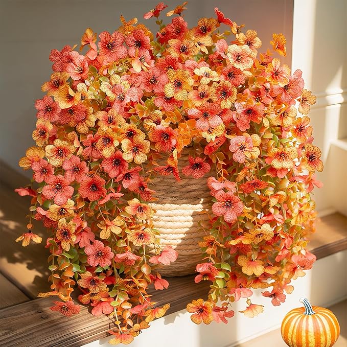 HyeFlora Artificial Flowers for Outdoors Fall Decoration, 2Pcs Fall Orange Yellow Hanging Flowers with Autumn Eucalyptus Leaves Faux Silk Flower Decor for Home Porch Patio Balcony Planter Yard