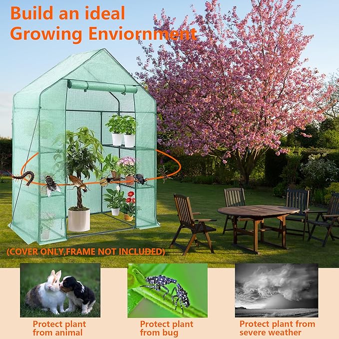Greenhouse Replacement Cover, 56×29×76 Inches PE Walk-in Greenhouse Cover for Gardening Plants w/Roll-Up Zipper Door, Waterproof Frost Protection Wind Rain Proof, Easy Assembly (No Frames Include)