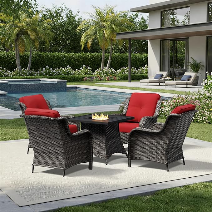 Joyside 5 Piece Wicker Patio Furniture Set with Fire Pit Table, Rattan Patio Chairs with High Back, Deep Seating, Wide Armrest, Thickened Cushions, Outdoor Furniture for Deck, Porch Use