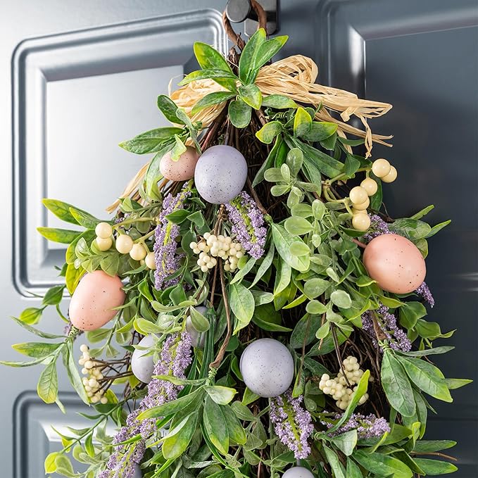 Glitzhome Easter Teardrop Wreath 28" Spring Easter Egg & Lavender Wreath Artificial Teardrop Swag for Front Door Porch Wall Decor