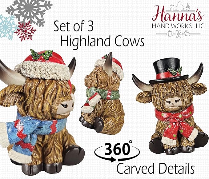 Scottish Highland Cows with Christmas Holiday Accents - Set of 3 | Resin Home Decor with Santa Hats | Seasonal Xmas Decor for Centerpiece, Mantel, Kitchen, Dining Room, and More | 4 inches tall