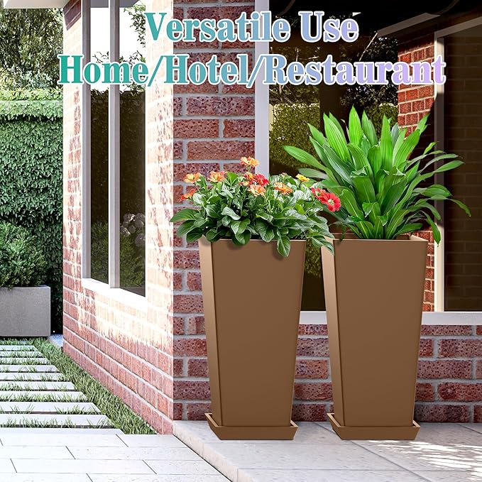 TUYOHW 24 Inch Tall Tapered Square Planters (Set of 2) - Indoor Outdoor Large Flower Pots with Built-in Drainage & Matching Water Tray for Patio, Garden, Home - Brown