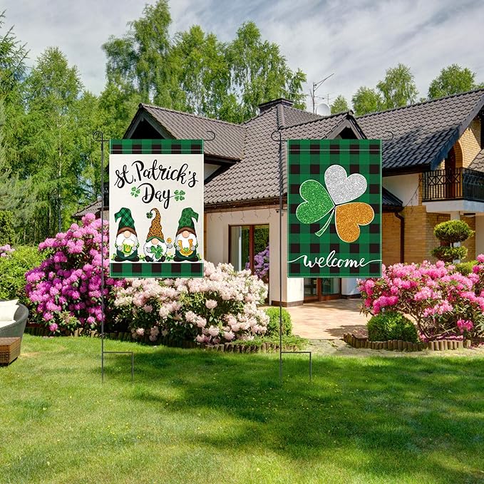 Boao 2 Pieces St Patrick's Day Garden Flag Gnome Shamrock 18 x 12 Inch Yard Flag Irish Green Shamrock Garden Flag Double Sided Decorative Garden Flag for St. Patrick's Day Outdoor Decoration