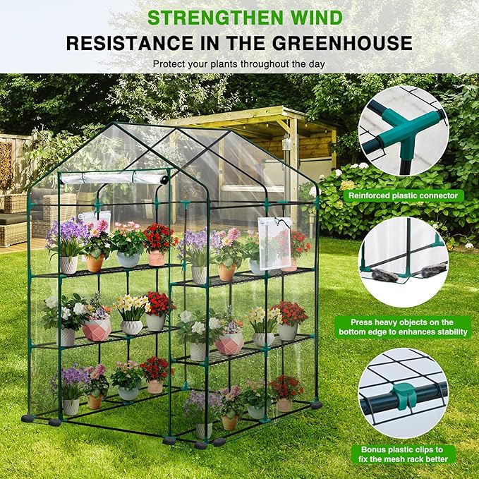Yesker Greenhouse 57.5"x57"x77" Walk In Green House - Large Outdoor/Indoor Greenhouses with 8 Shelves Waterproof PVC Cover & Windows, Portable Greenhouse Kit for Winter Backyard Gardening Patio, Clear