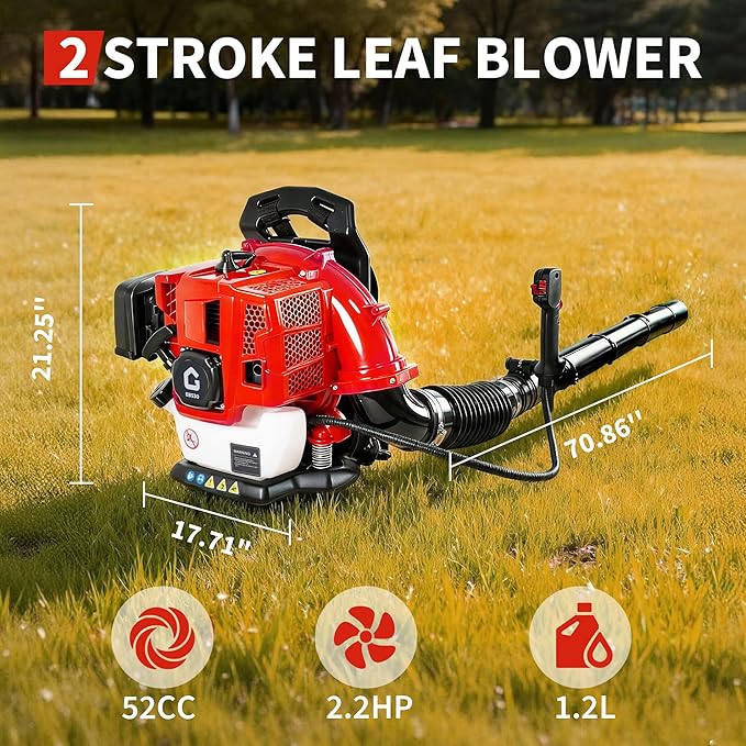 52CC Backpack Blower, 2.2-HP 2-Cycle Gas Leaf Blower with 780 CFM & 270 MPH, Backpack Leaf Blower, Powerful Clearing Performance for Wet Leaf & Debris Clean & Snow Removal