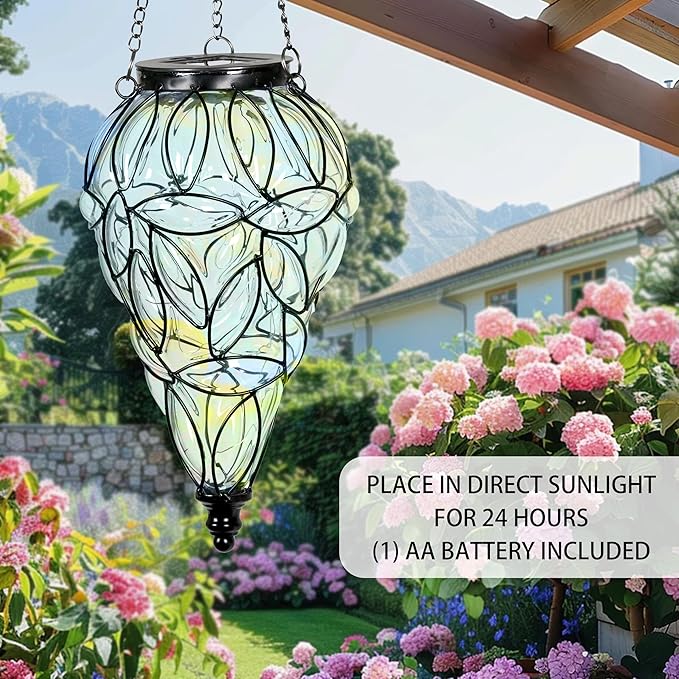 Naboher Solar Hanging Lantern Outdoor Garden Lights, Tear-Shaped Glass and Metal Hanging Lantern, 15 Firefly LED Lights, 7 x 24 Inch (Clear)