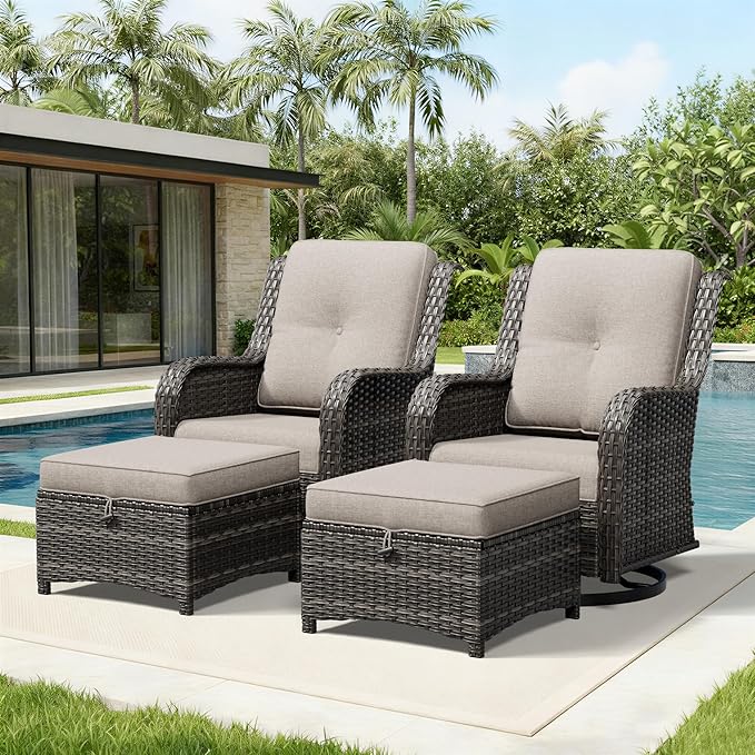 Joyside 4 Piece Wicker Patio Furniture Set, Outdoor Swivel Rocker Patio Chairs with High Back, Deep Seating, Wide Armrest, Thickened Cushions, Outdoor Furniture for Deck, Porch Use