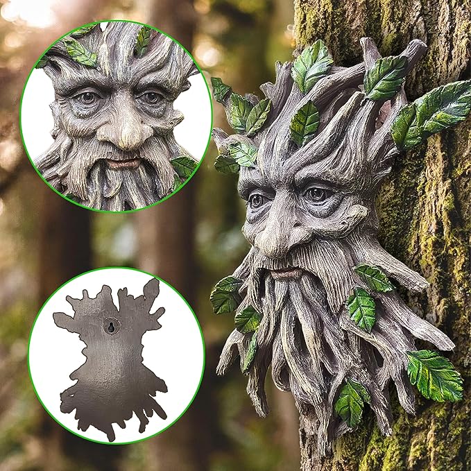 Teaeeno Charming Tree Face Garden Decor, Whimsical Old for Man Resin Statue with Foliage Features, Large Outdoor Tree Hugger for Yard Art, Root Detail, Trees Decorations Outdoor Wallmounted Statue