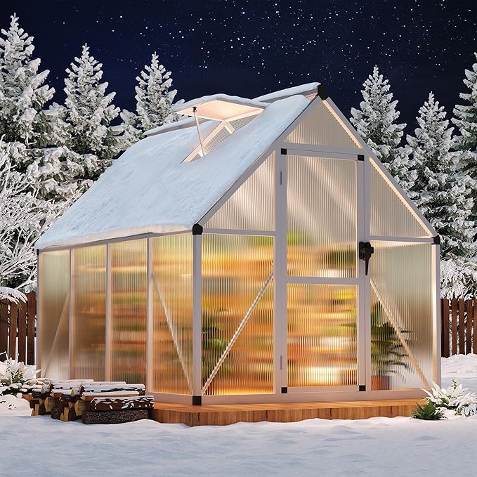 IDEALHOUSE 6x7 FT Greenhouse for Outdoors, Lockable Door and Ajustable Roof Vent, Polycarbonate Greenhouse with Windproof Aluminum Frame, Aluminum Walk-in Greenhouses, for Backyard, Lawn