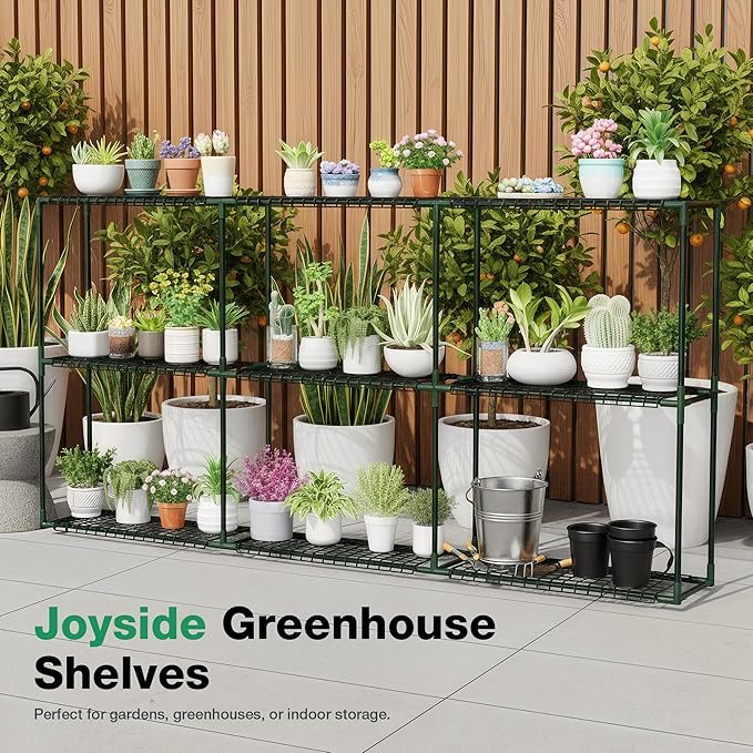 Joyside Outdoor Plant Shelves, 3 Tier 1 Pack Metal Extra-Long Stable Greenhouse Shelving for Home, 97x12x45 Inch Portable Plant Shelf Greenhouse Accessories