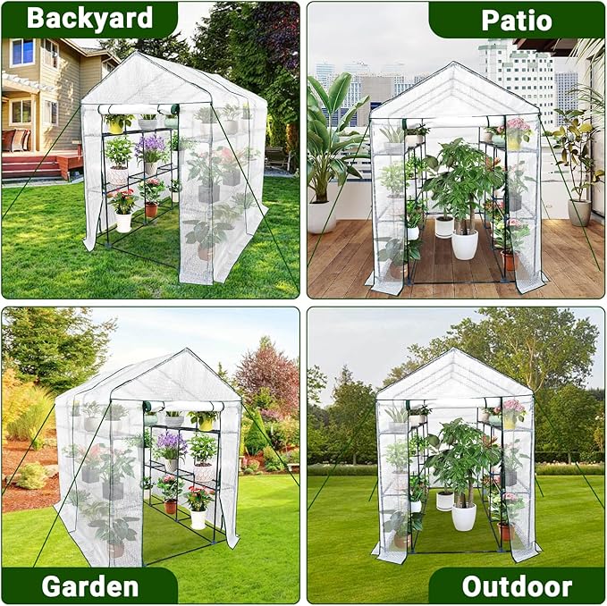 Walk-in Greenhouse for Outdoors, Small Green House Outdoor with 3-Tier Shelves, Roll-Up Zippered Door & Mesh Window, All-Season Plant House for Vegetables Herbs Flowers for Patio Backyard Gardening