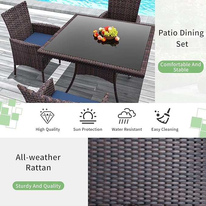 15 Piece Outdoor Dining Set,Rattan Patio Conversation Set of 12 Chairs,Patio Dining Table and Chairs w/Cushions,Square Glass Tabletop,Umbrella Cutout for Patio,NavyBlue