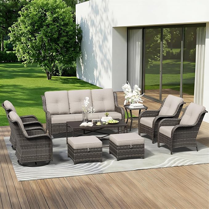 9 Piece Outdoor Wicker Patio Furniture Set, Patio Chairs Set with Thickened Olefin Cushions, High Back and Deep Seating, Hand-Woven PE Rattan, Ottoman for Porch, Deck